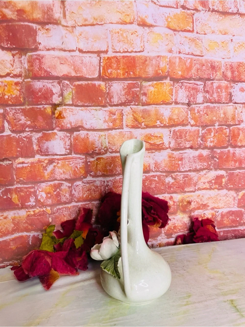 Vintage MCM Ceramic Pink snd White Magnolia Bud Vase